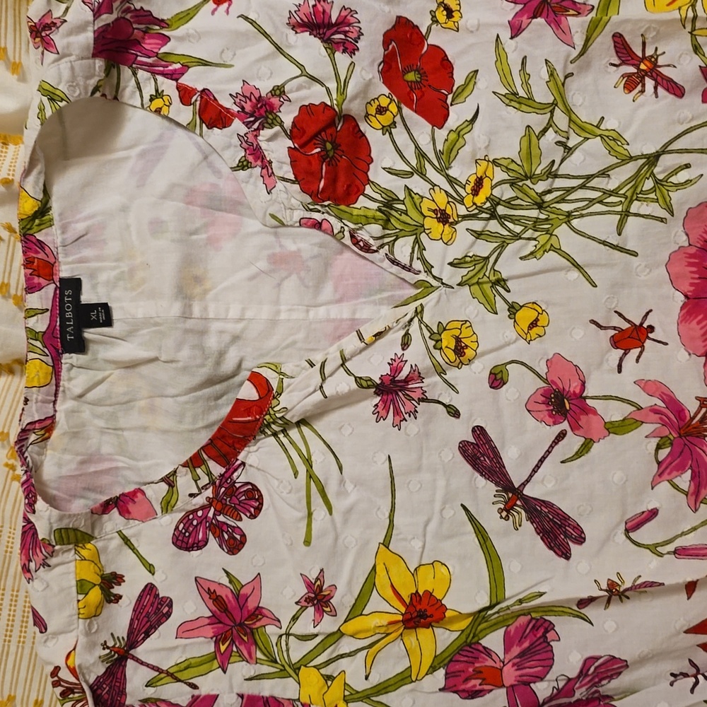 Talbots Floral/Insect Top White/Pink/Yellow/Green Embroideres Dot Tunic Boho XL